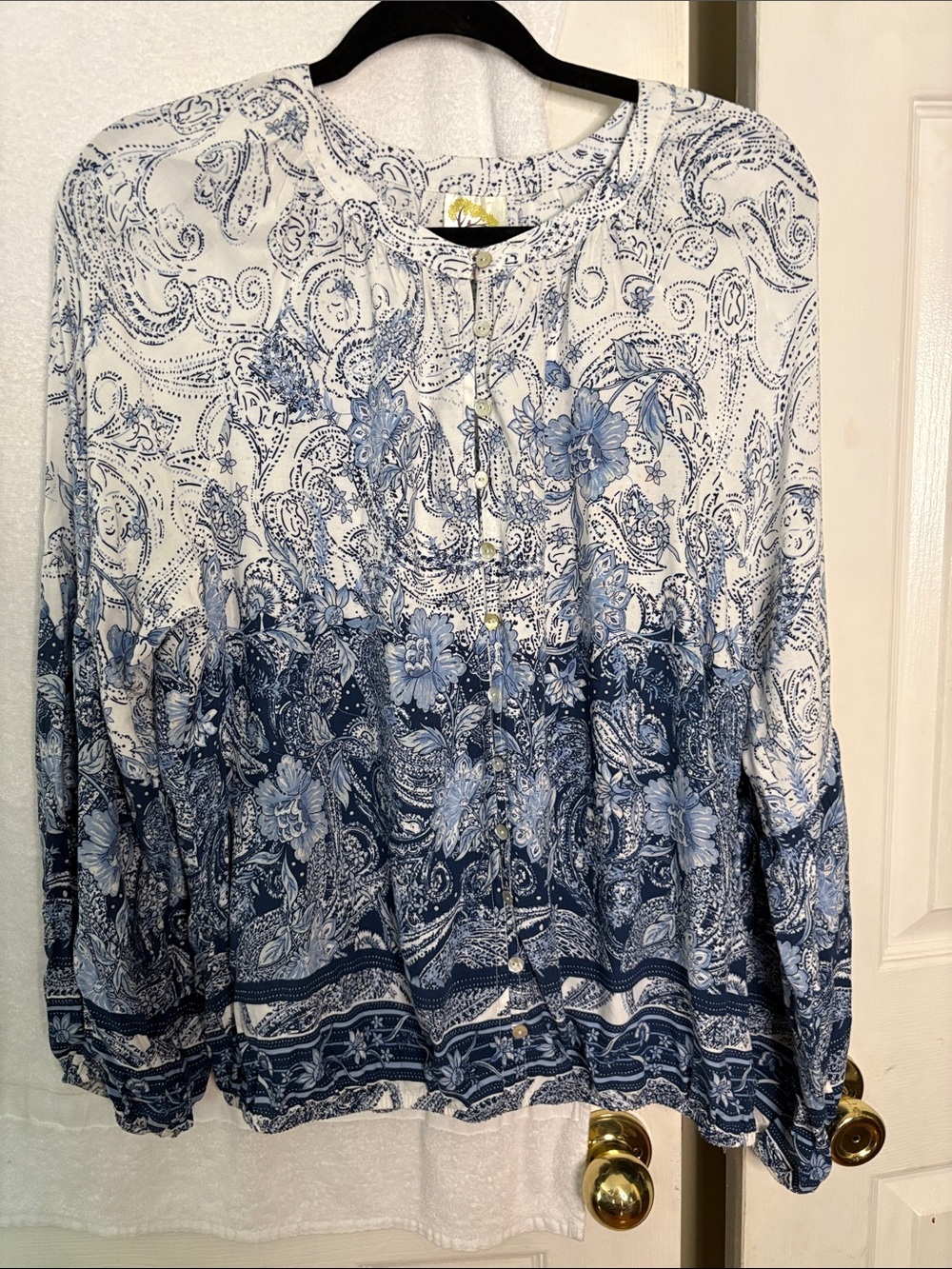 fig and flower White and Blue Paisley Button-Front Blouse